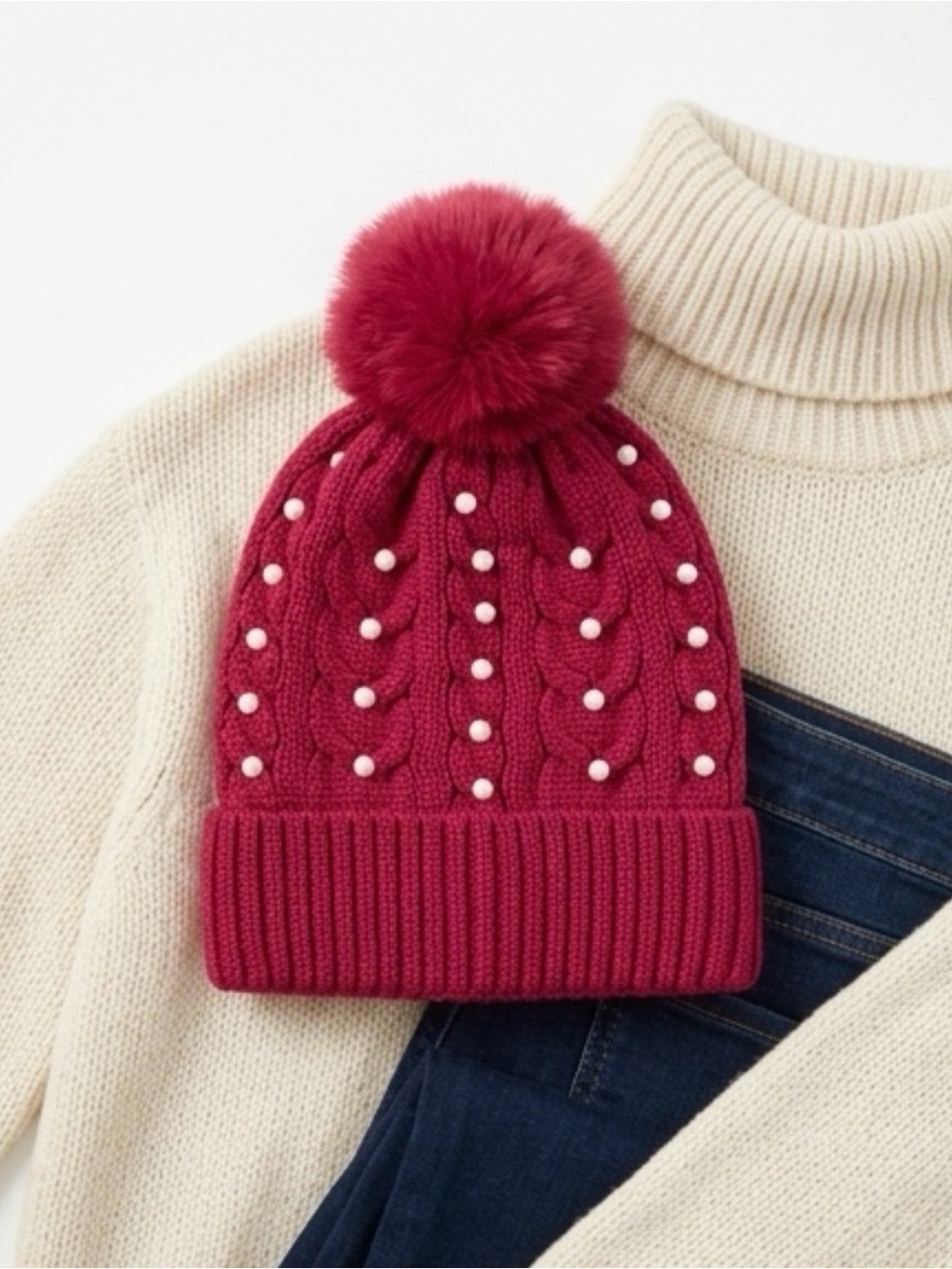 Burgundy Knit Beanie with Pom Pom and Pearls
